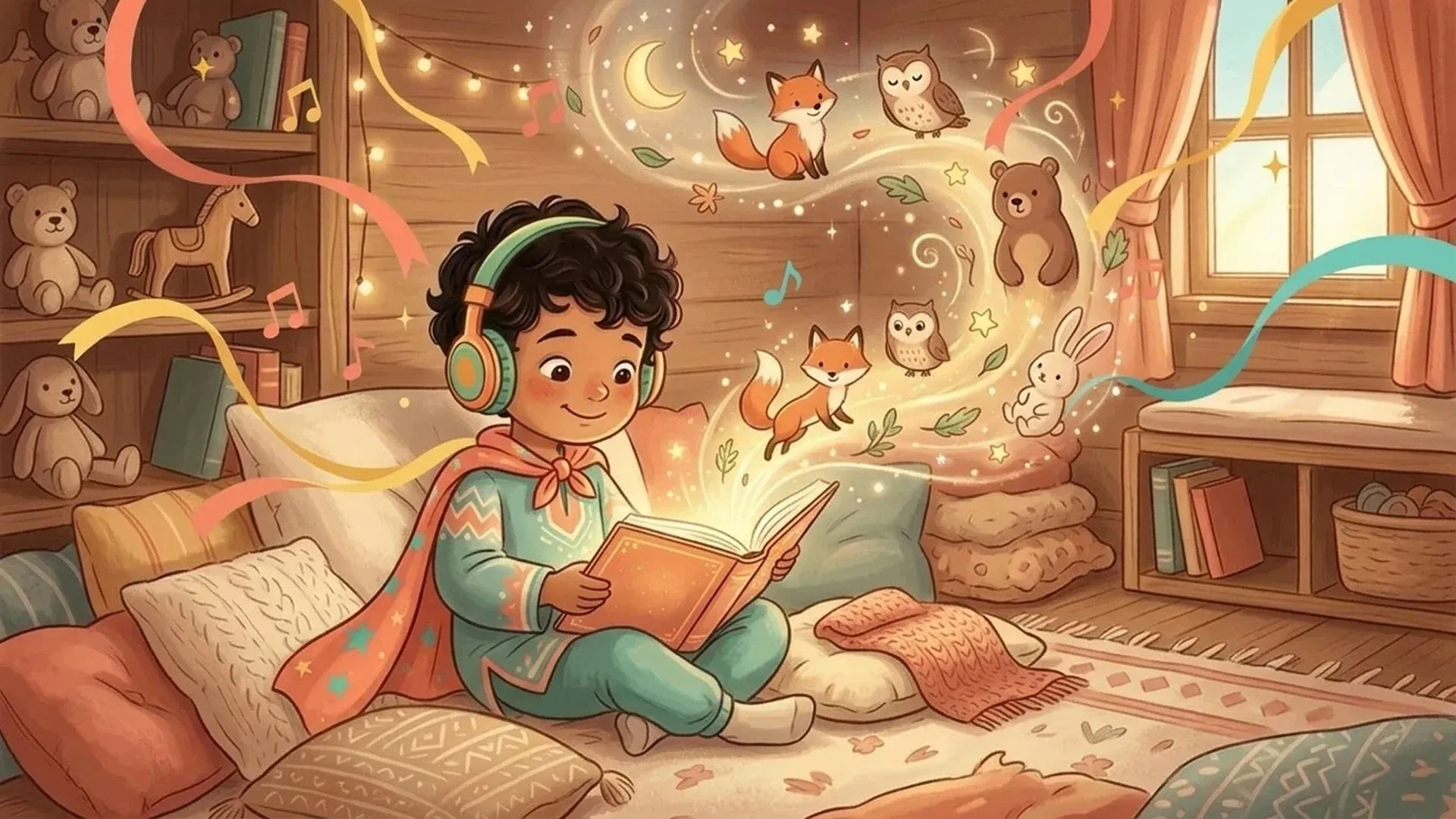 طفل يقرأ كتابًا بين ألعابه في غرفة دافئة