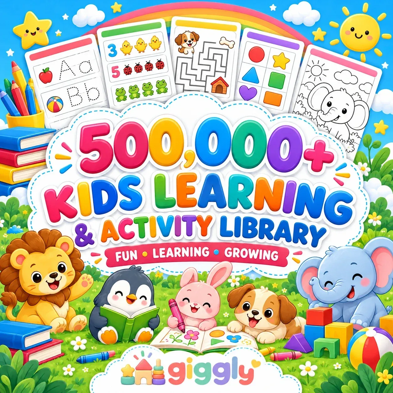 Giggly kids learning library cover featuring 500,000+ printable activity pages.