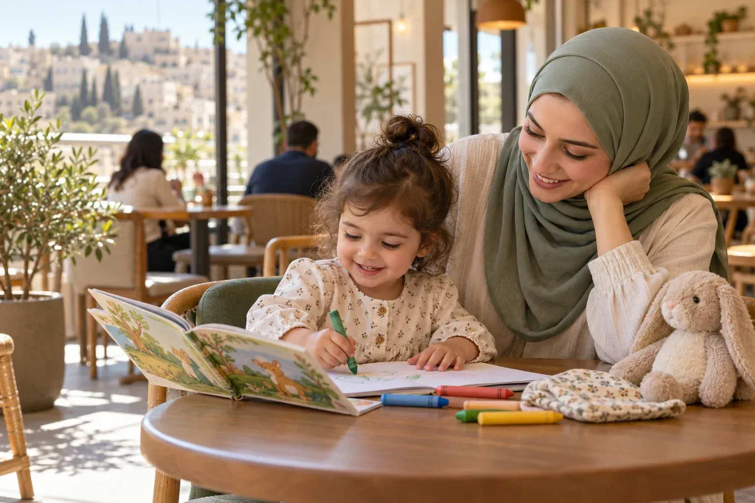 أم محجبة تجلس مع طفلها في مقهى وتشاركه كتابًا مصورًا ورسمًا هادئًا أثناء الانتظار